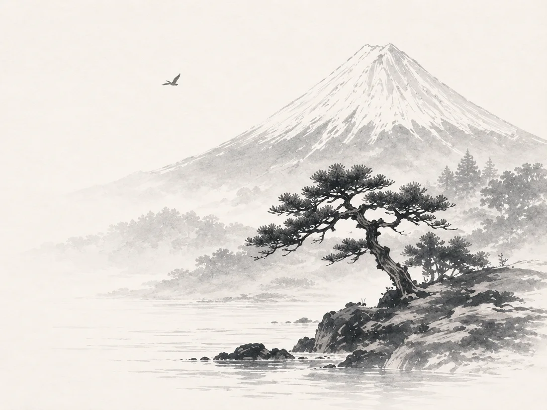 Archive footage: Mount Fuji with a pine on the shore, in newsreel monochrome